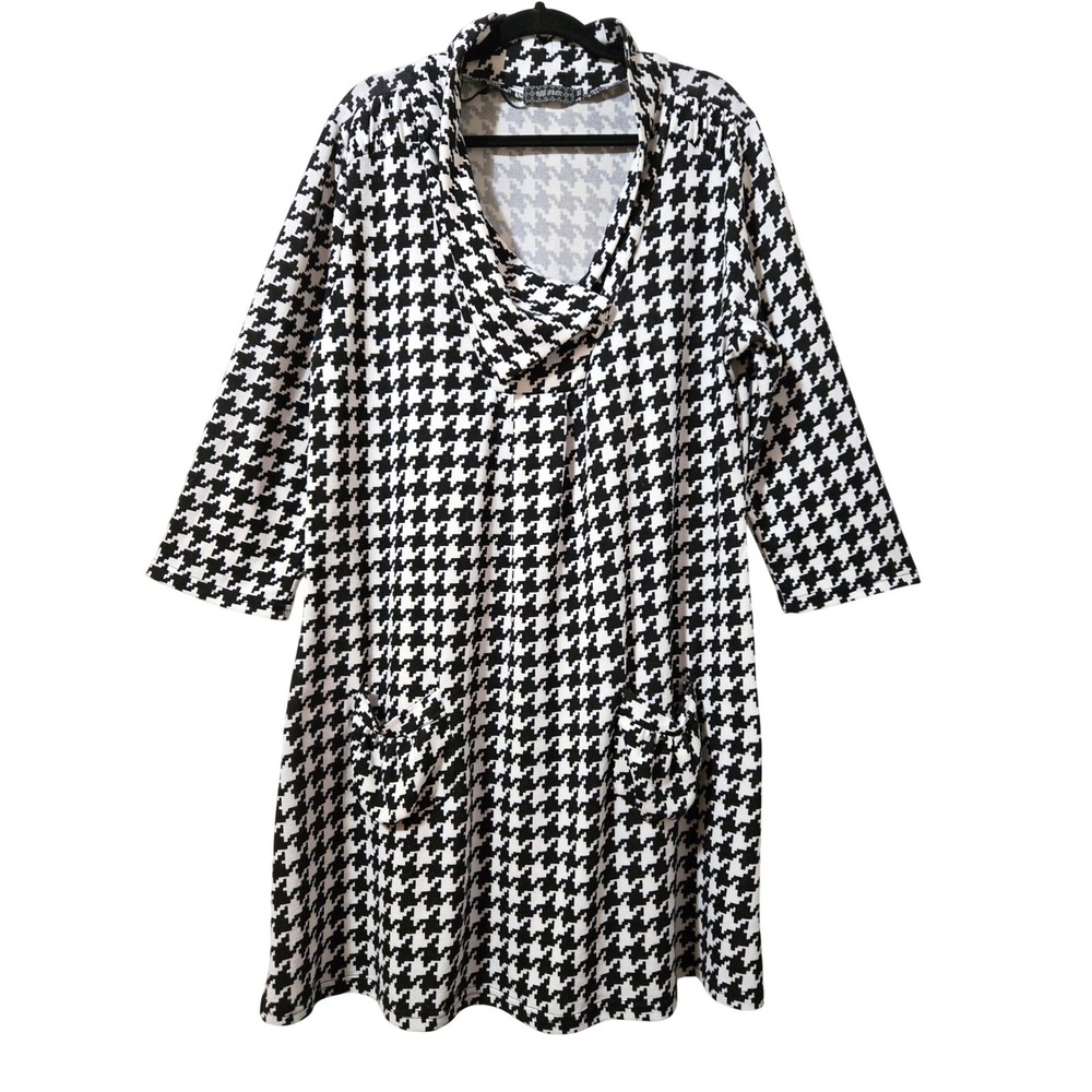 Ice Silk Women's Retro Houndstooth Tunic Dress Black White Cowl Neck Pockets 3XL